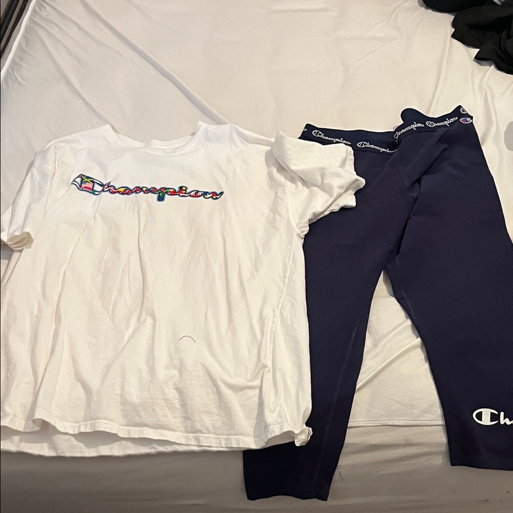 Champion Multicolor Logo Tee and Dark Blue Pants